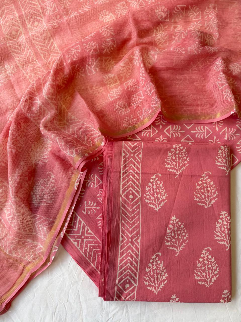 Pure Cotton Hand block print Unstitched Suit with Kota Dupatta