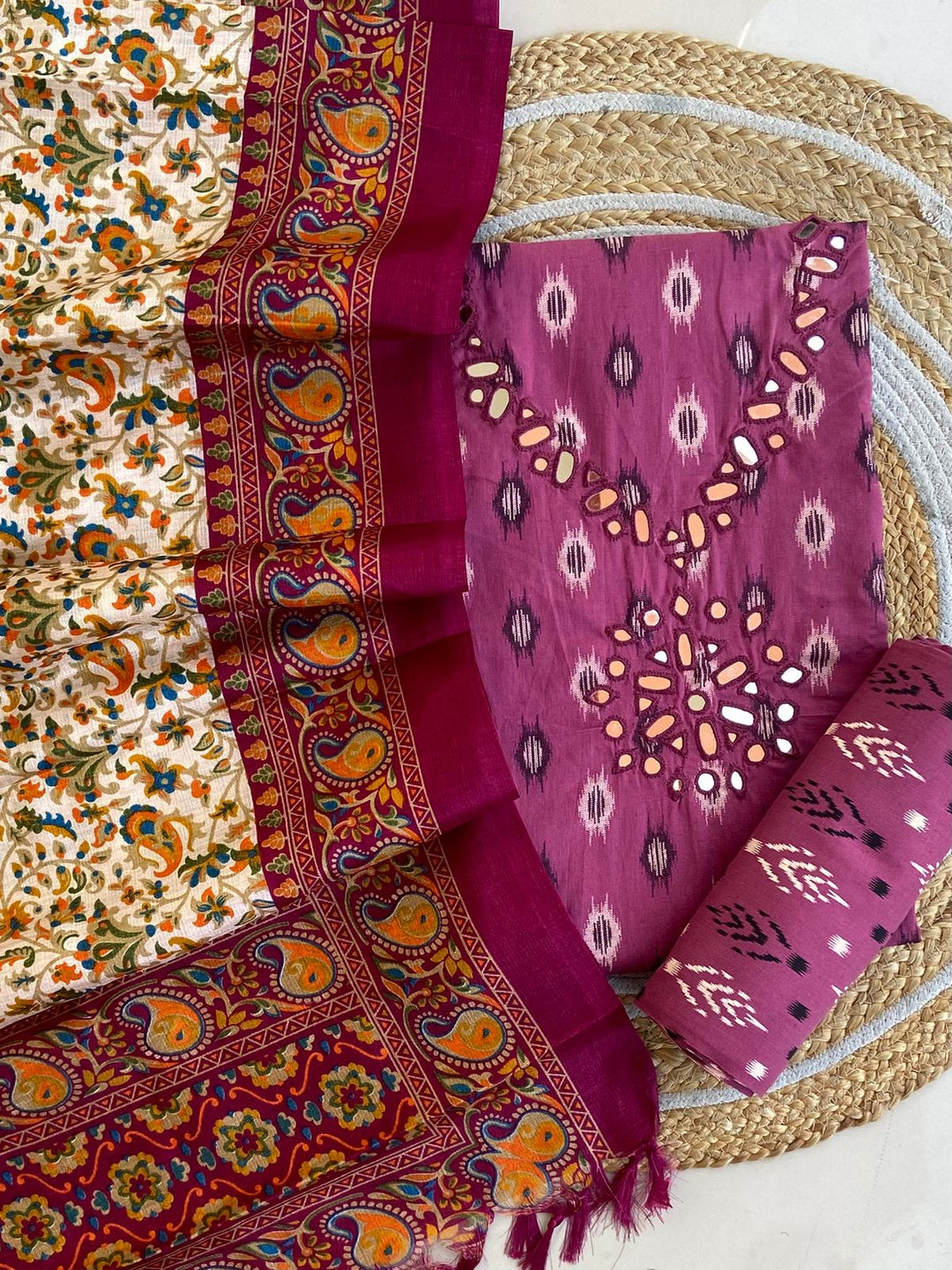 Pure Cotton Azrakh Print Unstitched Suit With Dola Silk Printed Dupatta