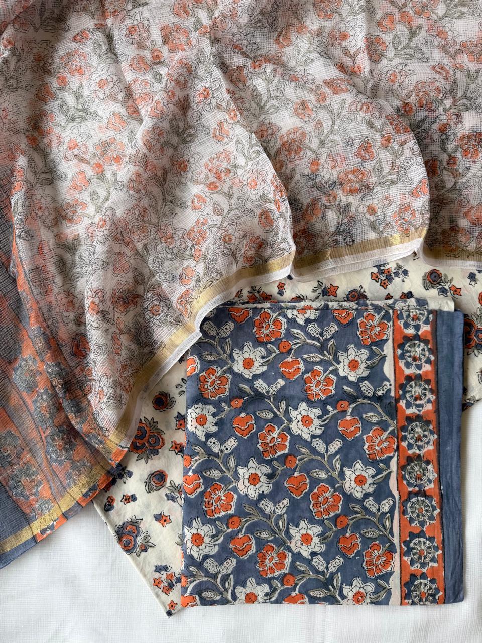 Pure Cotton Hand block print Unstitched Suit with Kota Dupatta