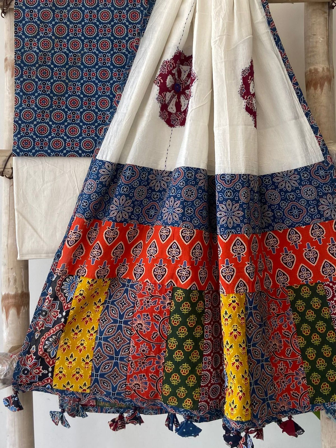 Pure Cotton Azrakh Print Unstitched suit With Hand kantha Work Dupatta