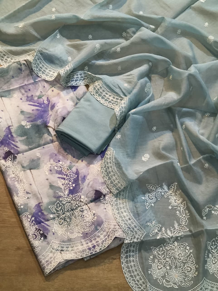 Pure Mulmul Silk Embroidery Print Unstitched Suit  with Mulmul Silk Dupatta