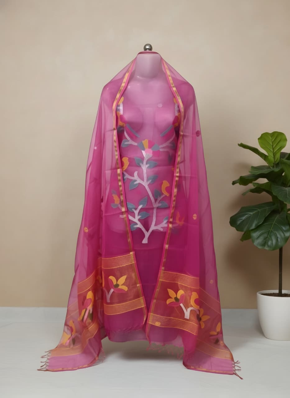 Pure Maslin Silk 2PC Jamdani Unstitched Suit .