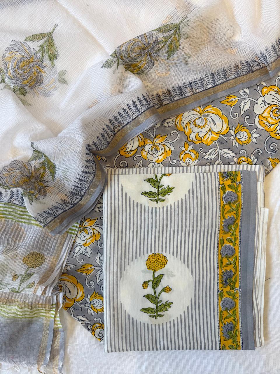 Pure Cotton Hand block print Unstitched Suit with Kota Dupatta