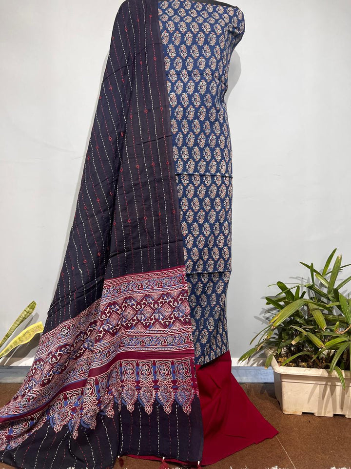 Pure Cotton Azrakh Print Unstitched suit With katha work Dupatta