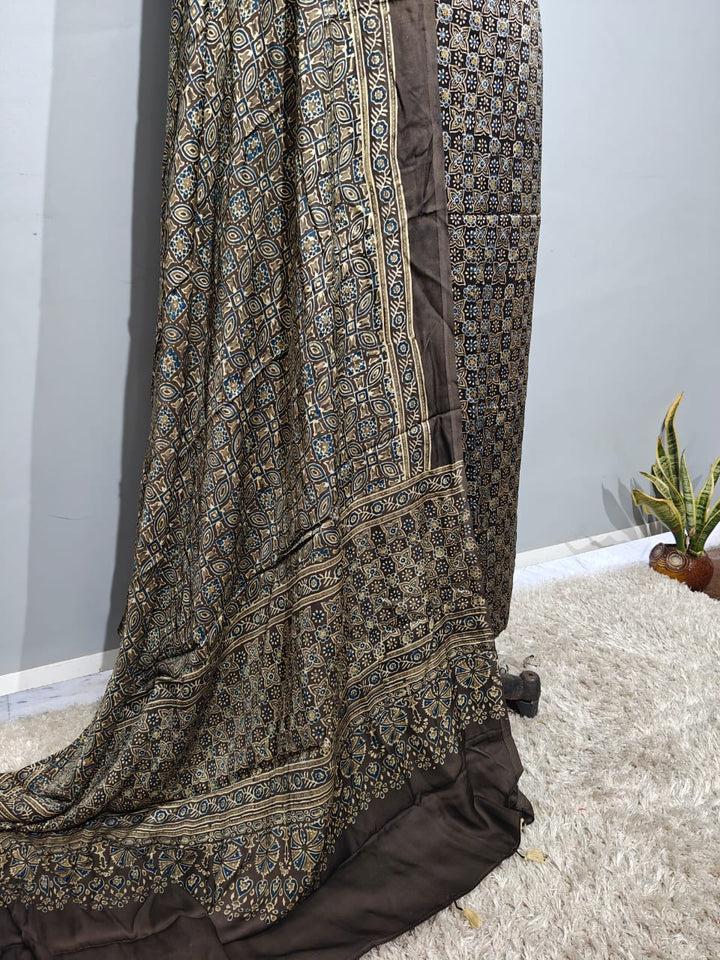 Pure Modal Silk Ajrakh Hend Block Zari Pallu Weaved 2pc Unstitched Suit