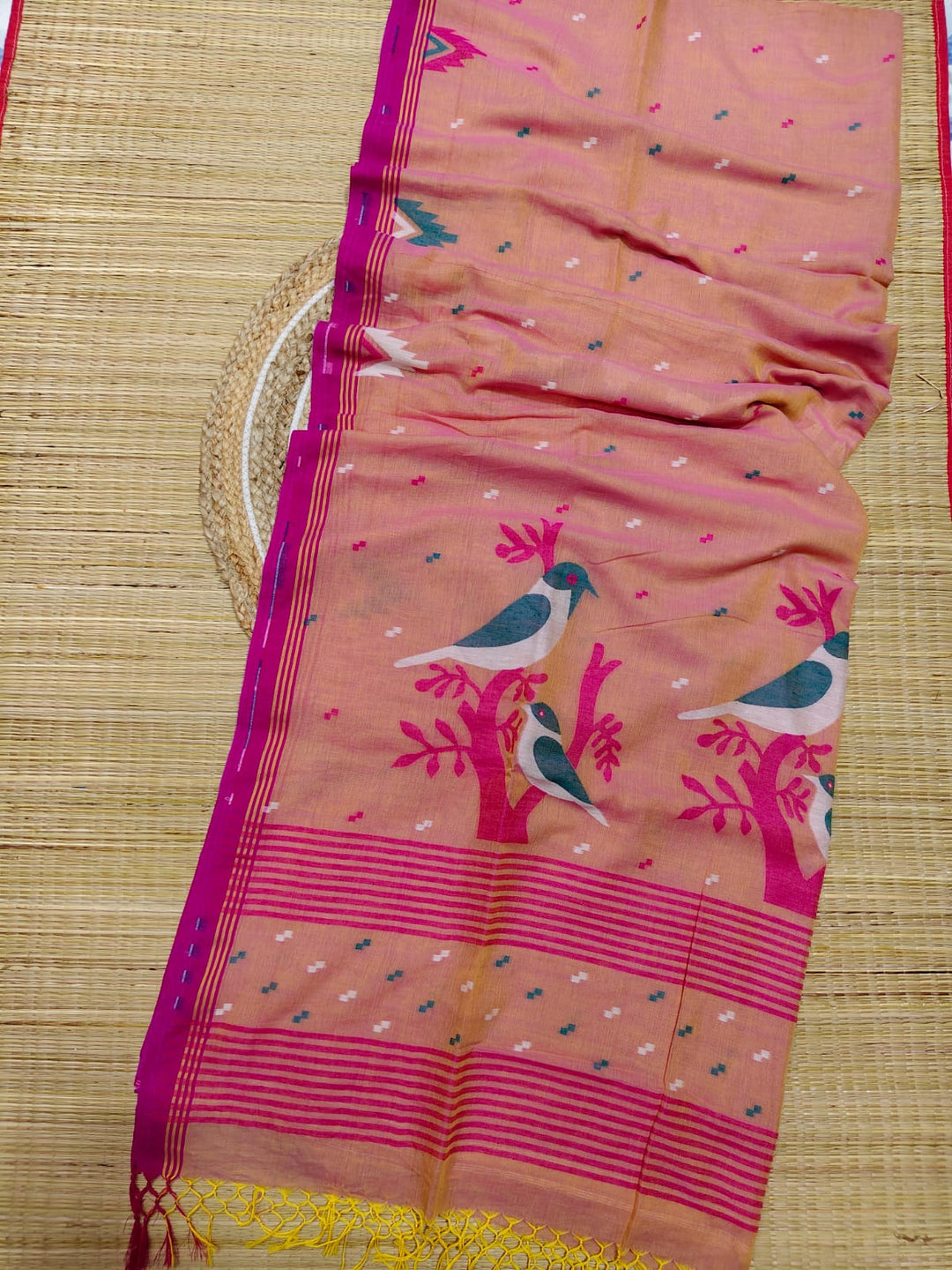 Pure Cotton Handloom Jamdani Bird Motif Saree With Blouse