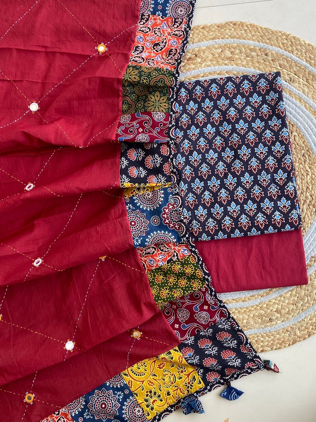 Pure Cotton Azrakh Print Unstitched Suit With Patch Work Dupatta