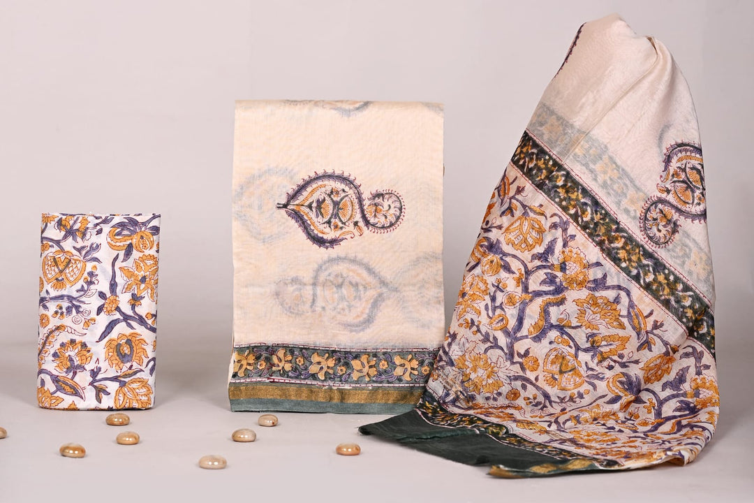 Pure Hand Block Chanderi Silk Unstitchd Suit