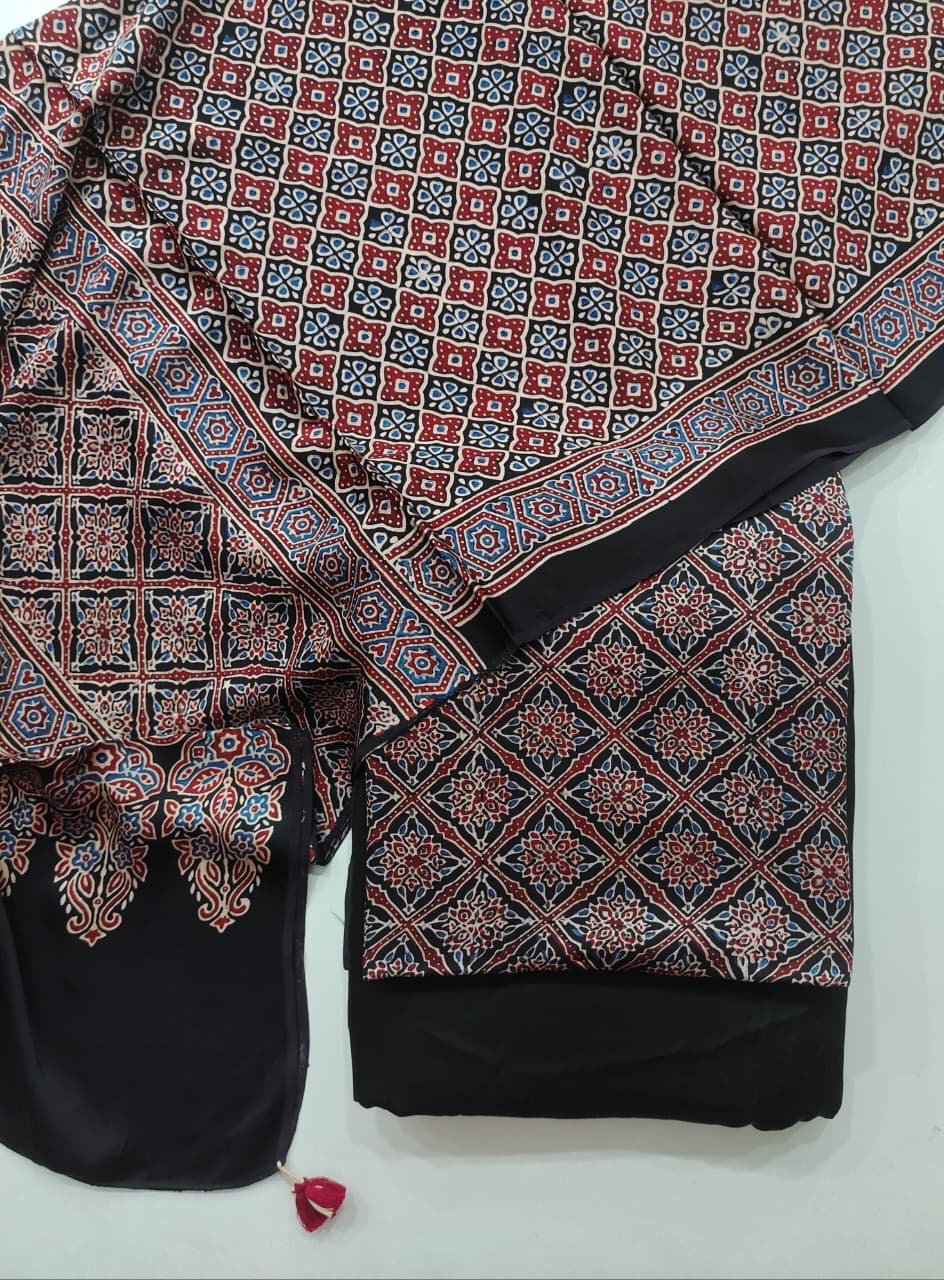 Pure Modal Silk Ajrakh Hand Block  3pc Unstitched Suit
