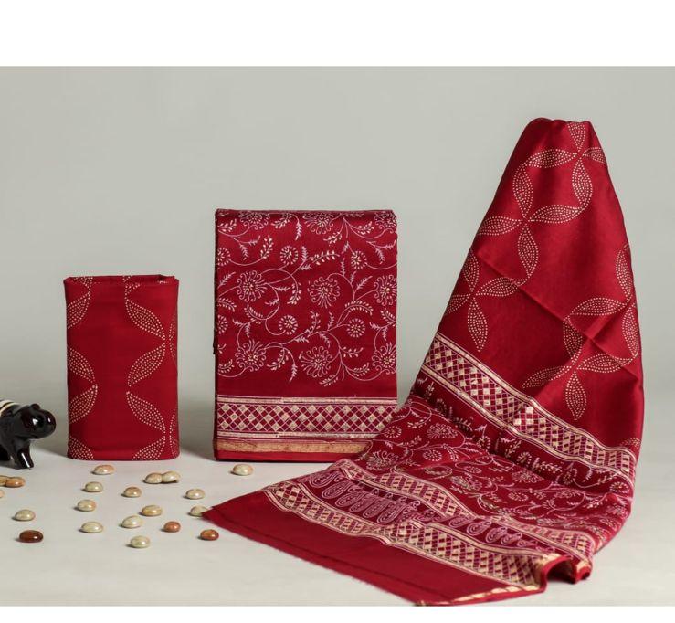 Pure Hand Block Chanderi Silk Unstitchd Suit .