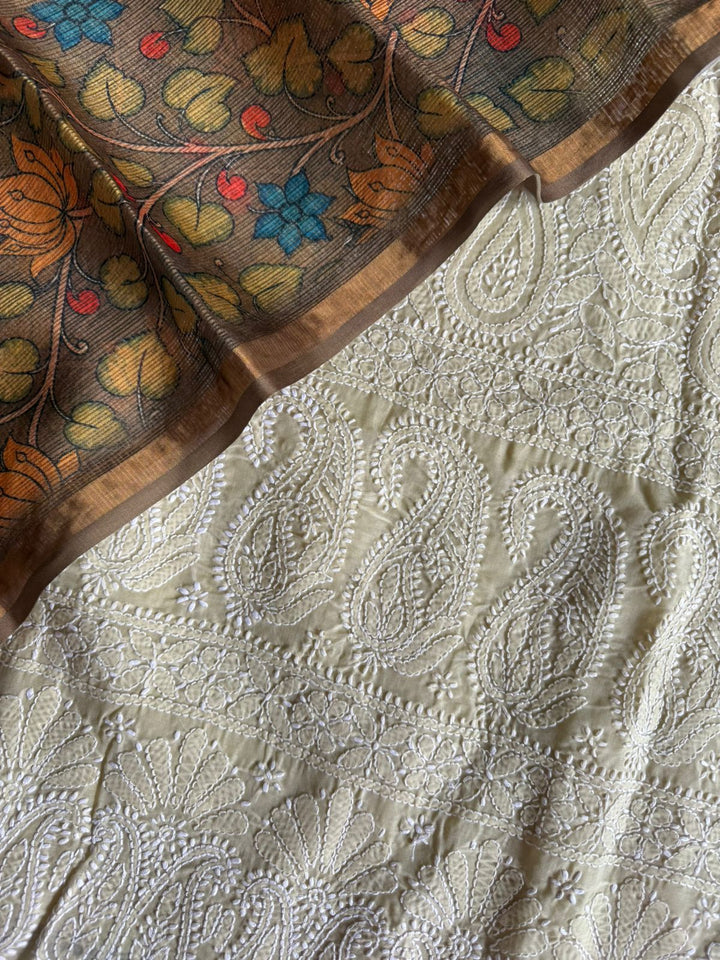 Pure Cotton Chikankari Hand Work Unstitched suit With Kalmkari Kota Doriya Dupatta.(without bottom)