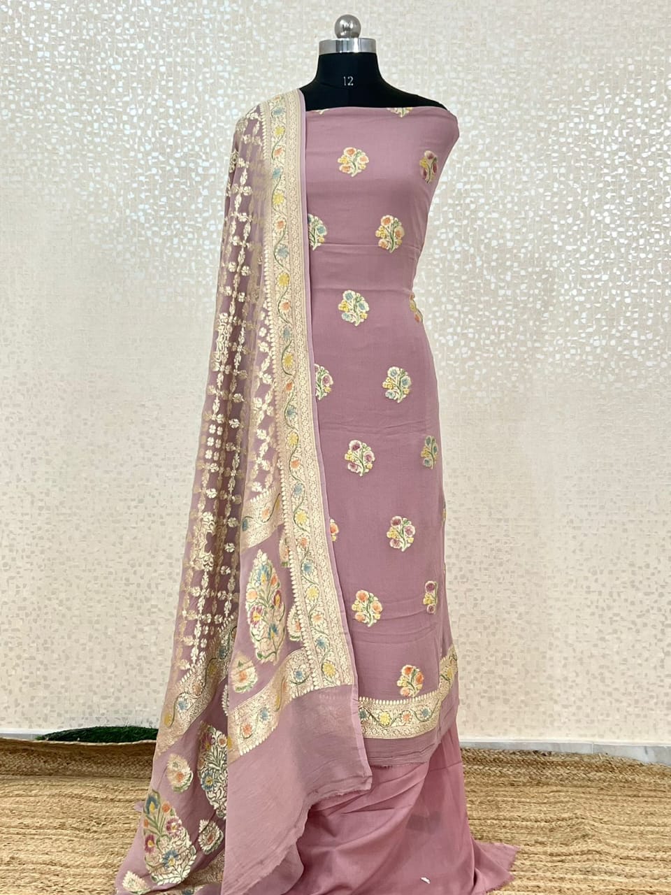 Pure Khhadi Chiffon Georgette Water Zari Work Unstitched Suit With khhadi Georgette Dupatta.