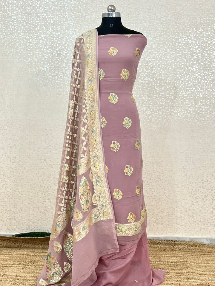 Pure Khhadi Chiffon Georgette Water Zari Work Unstitched Suit With khhadi Georgette Dupatta.