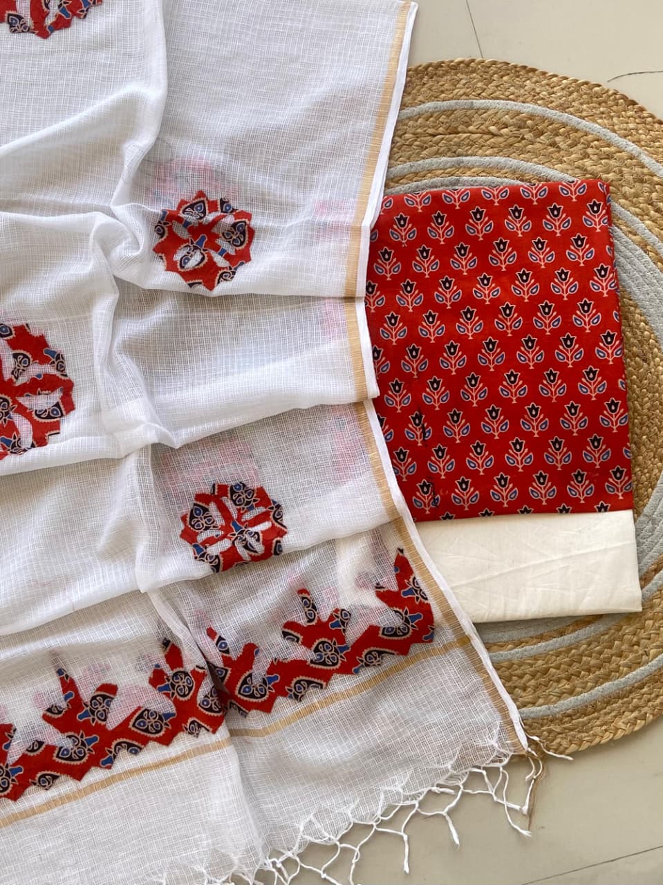 Azrakh Printed Top With Kota Doriya With Hand  Applique Work Dupatta
