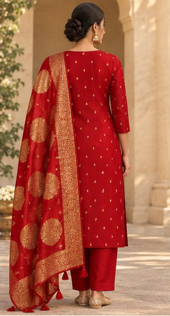 Pure Banarasi Chanderi Silk Suit in Red Color