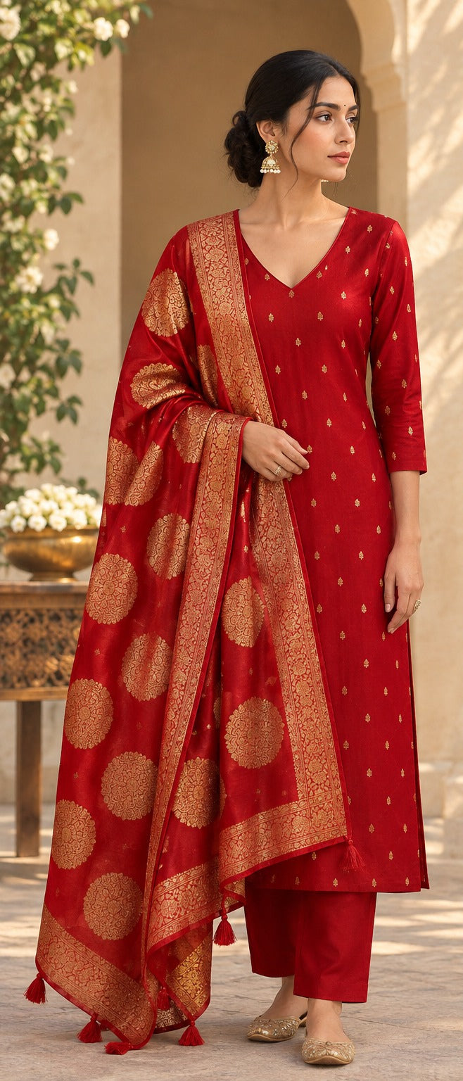 Pure Banarasi Chanderi Silk Suit in Red Color