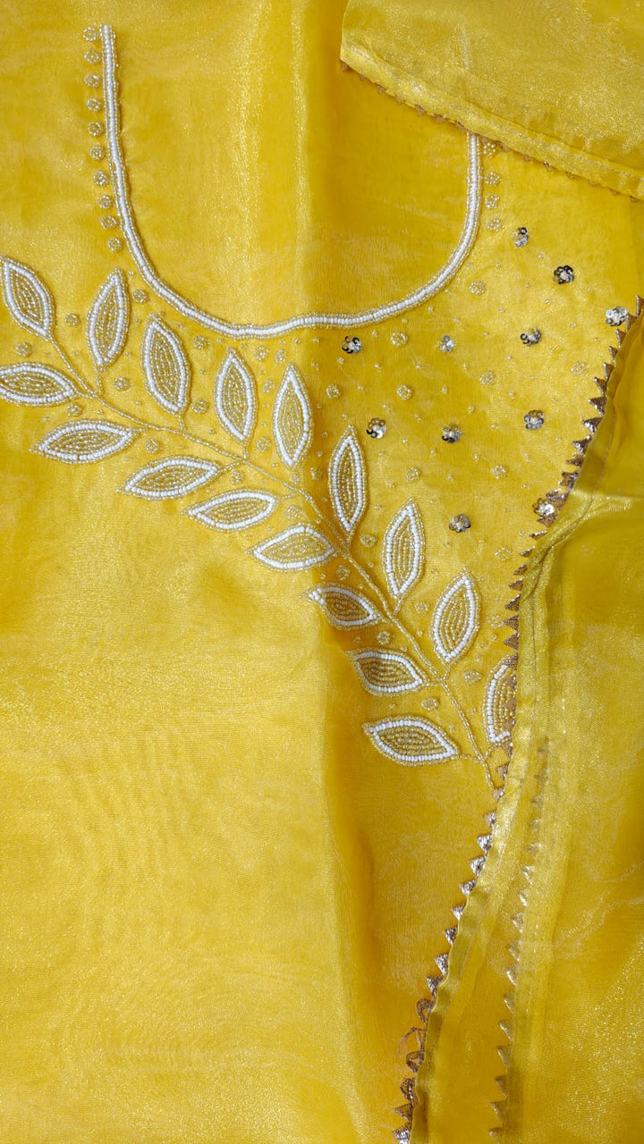 Organza silk suit moti work .