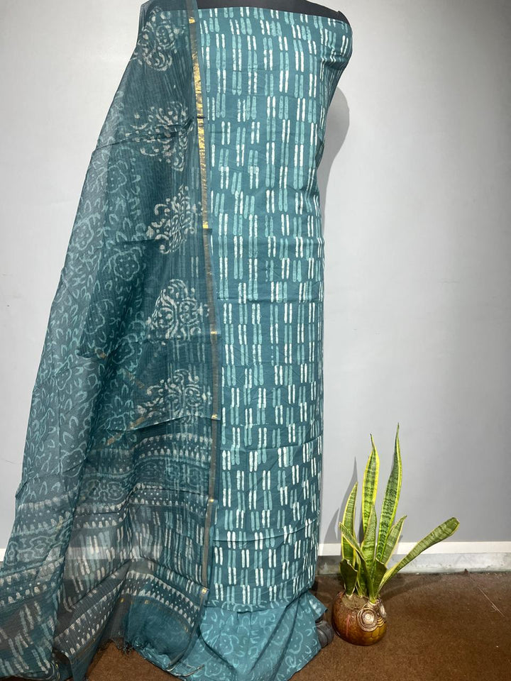 Pure Cotton Hand Block Print Unstitched Suit With Kota Dupatta