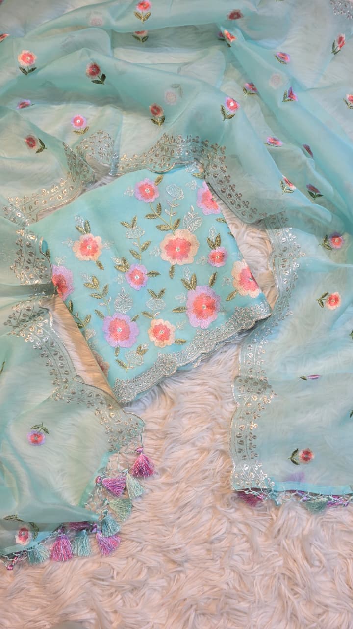 Pure Banarasi Organza Silk Embroidery Unstitched Suit.