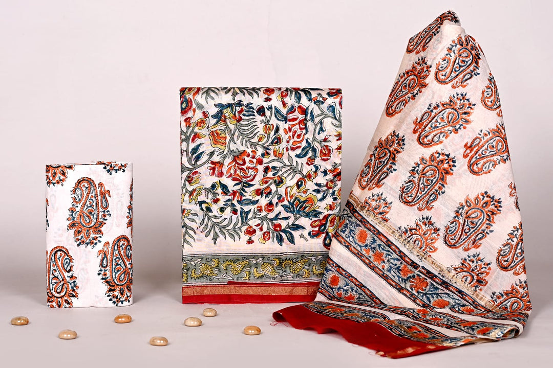 Pure Hand Block Chanderi Silk Unstitchd Suit