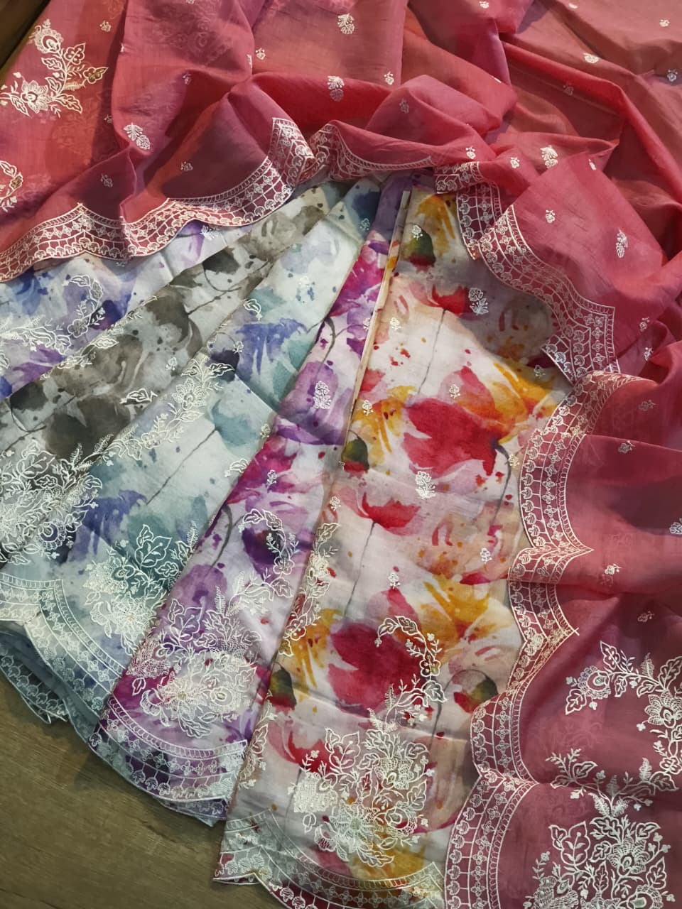 Pure Mulmul Silk Embroidery Print Unstitched Suit  with Mulmul Silk Dupatta