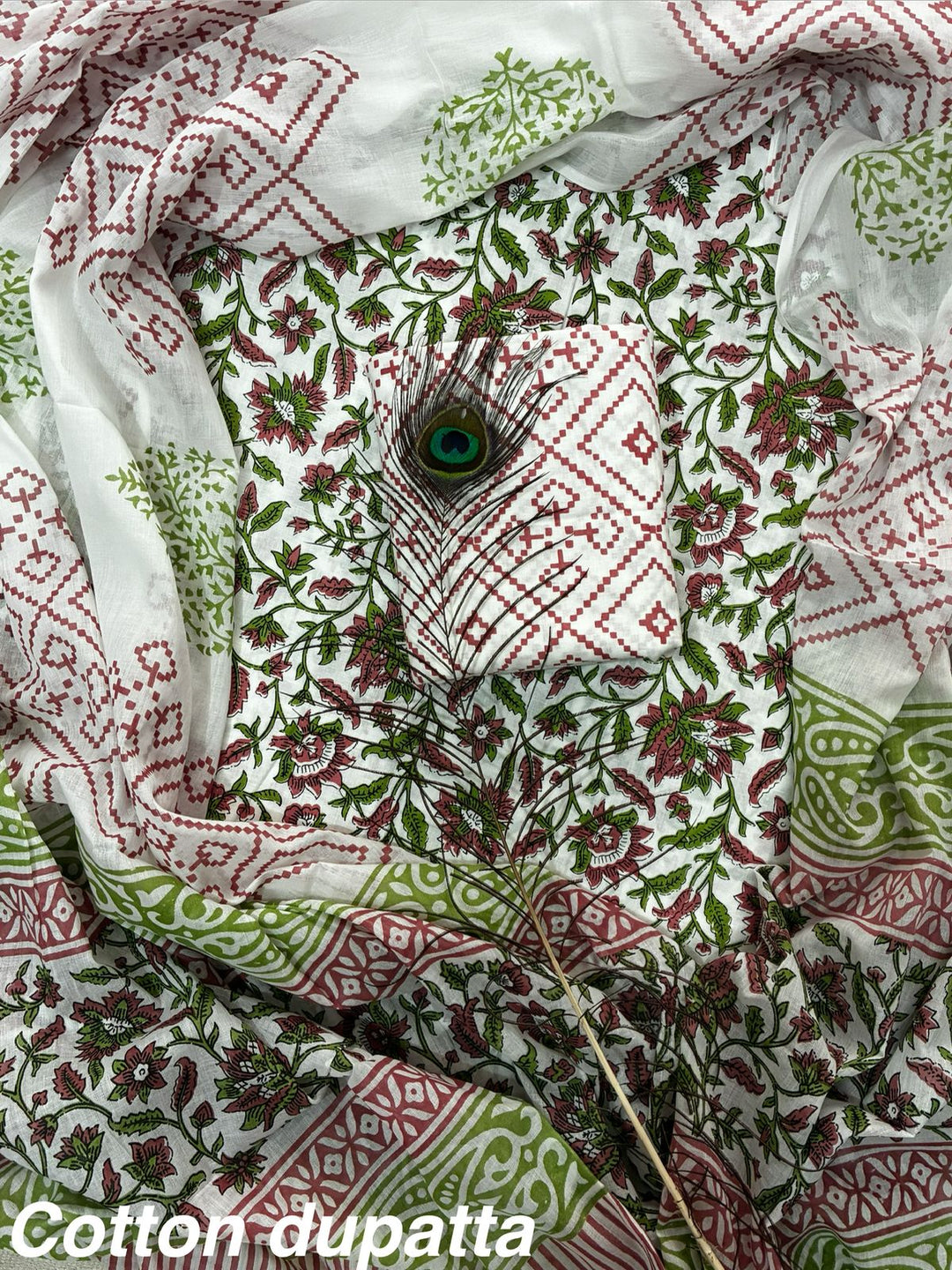 Pure Cotton Hand Block Print Unstitched Suit With Cotton  Dupatta .