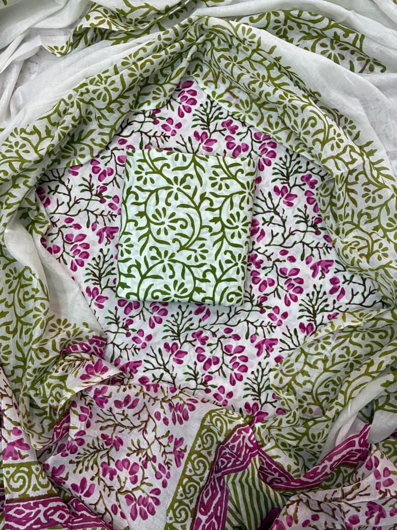 Pure Cotton Hand Block Print Unstitched Suit With Cotton Dupatta