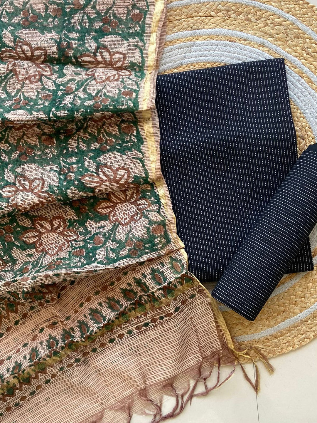 Kantha cotton kurta and bottom with kota doriya handblock print dupatta