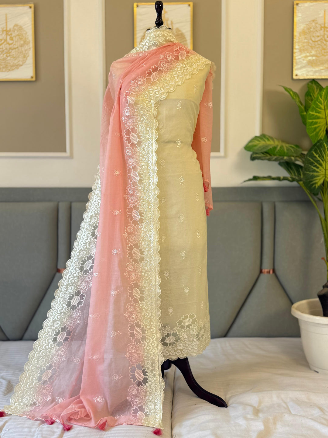 Pure Banarasi Mul Cotton Silk Embroidery Unstitched suit.