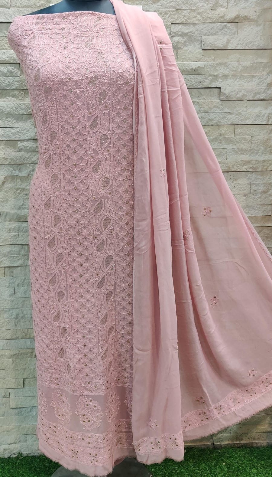 Pure Viscose Georgette Chikankari Hand Embroidery And Mukesh Work Unstitched Suit.