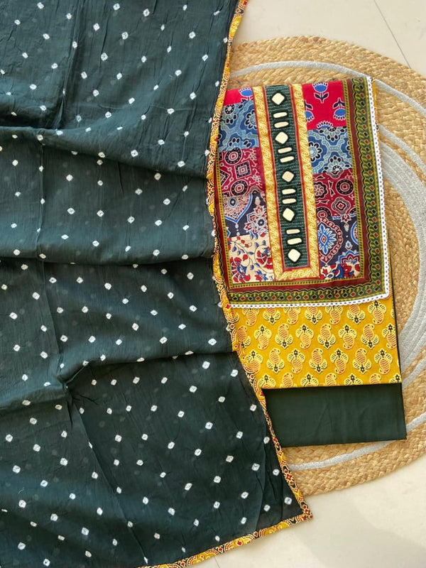 Pure Cotton Azrakh Print Unstitched Suit With Heavy Mirror Work