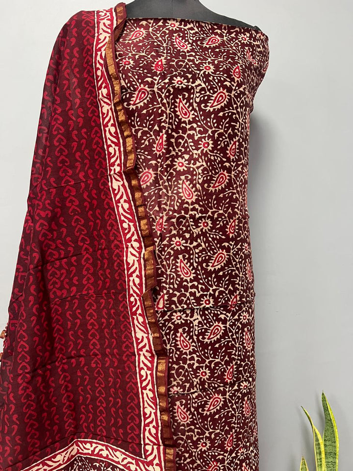 Pure Hand Block Chanderi Silk Unstitchd Suit