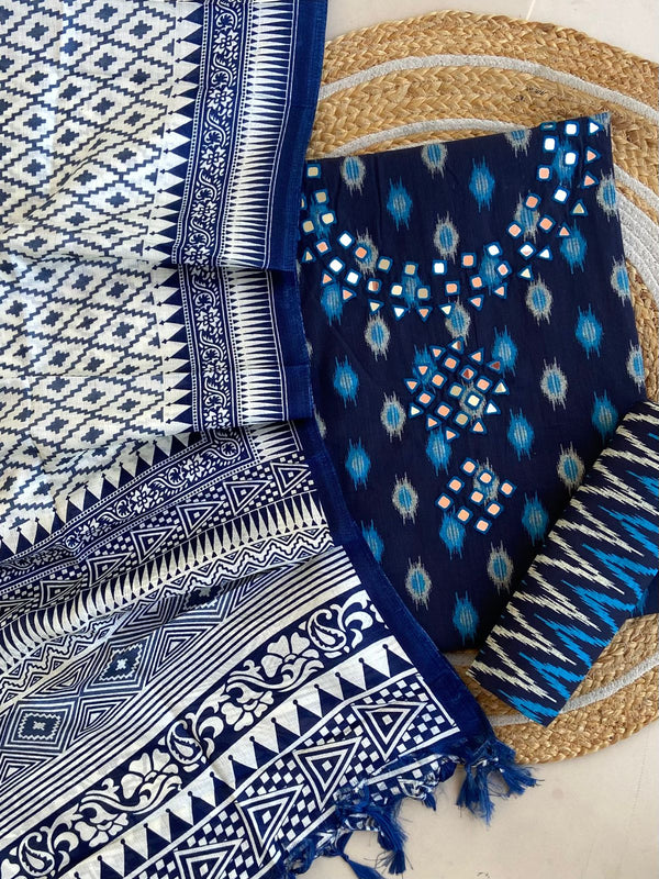 Pure Cotton Azrakh Print Unstitched Suit With Dola Silk Printed Dupatta