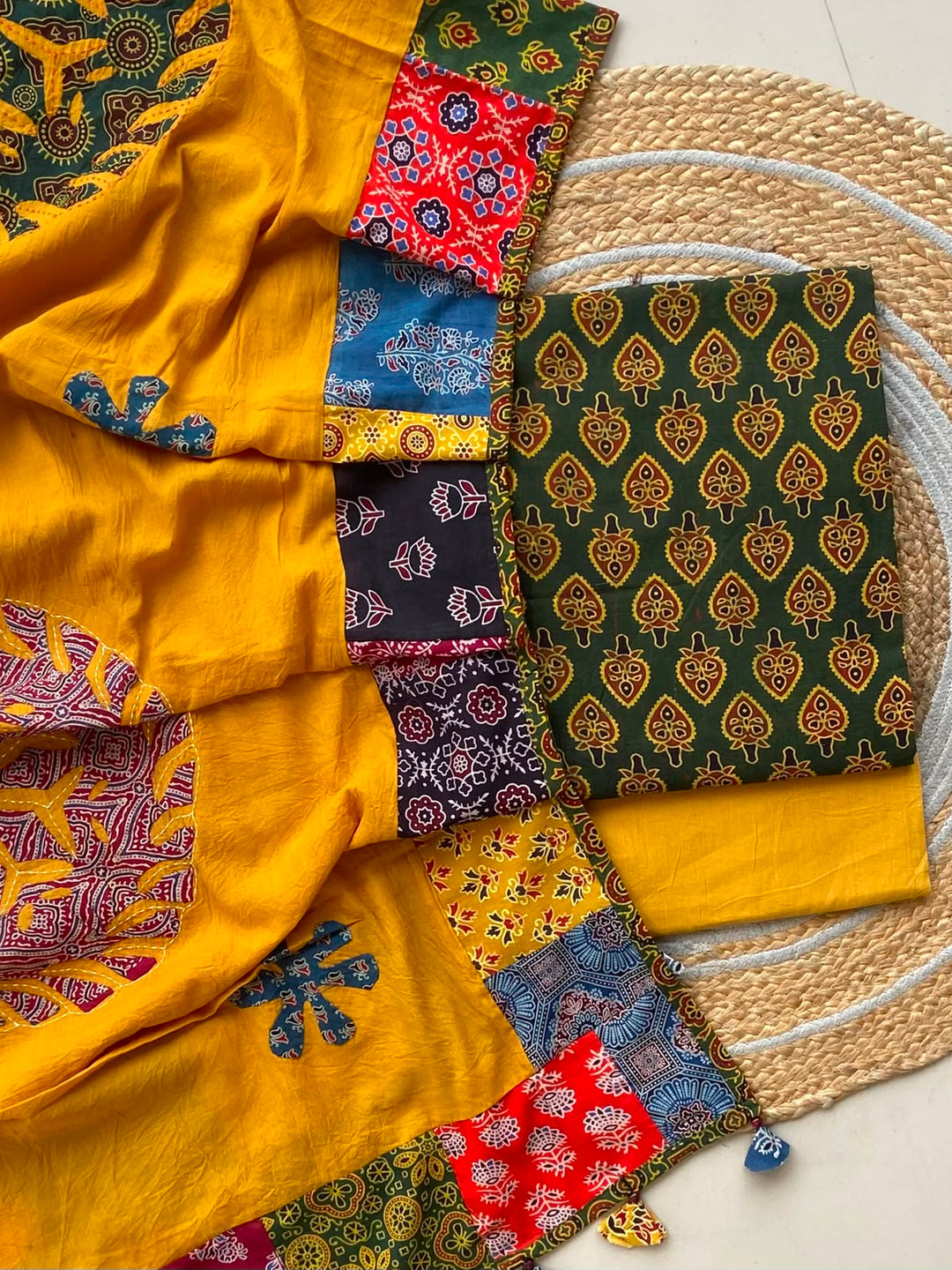 Pure Cotton Azrakh Print Unstitched Suit With Applique Work Dupatta