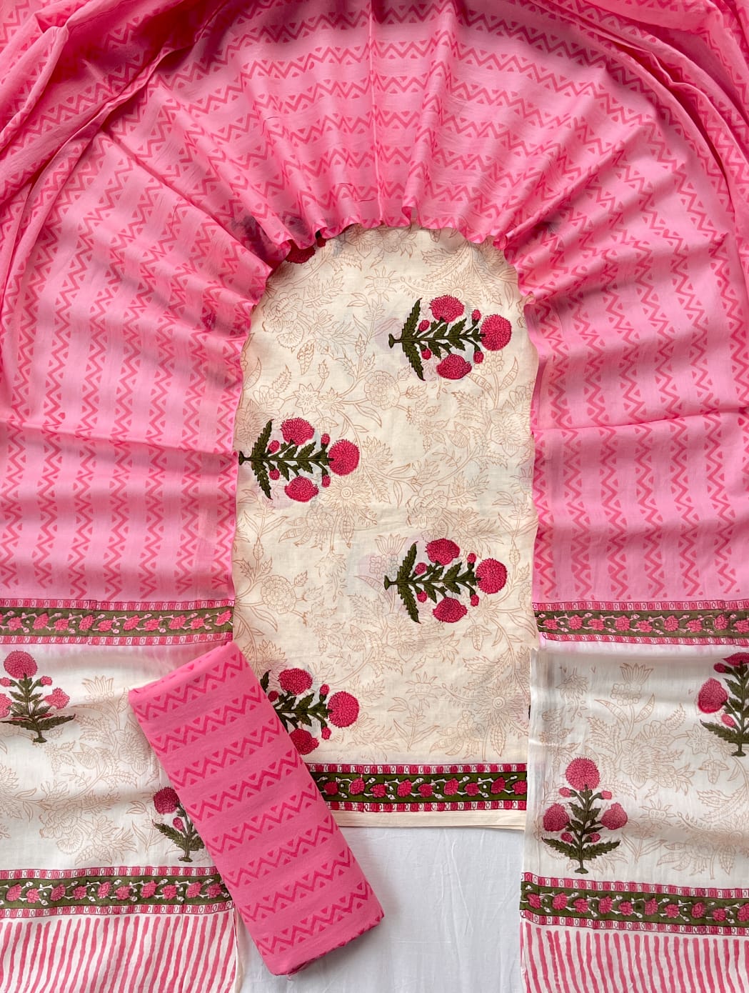 Pure Cotton Hand Block Print Unstitched Suit With Cotton Dupatta