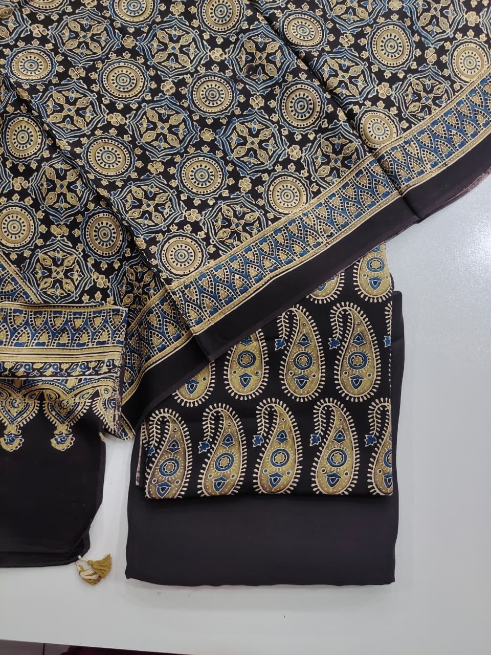 Pure Modal Silk Ajrakh Hand Block  3pc Unstitched Suit