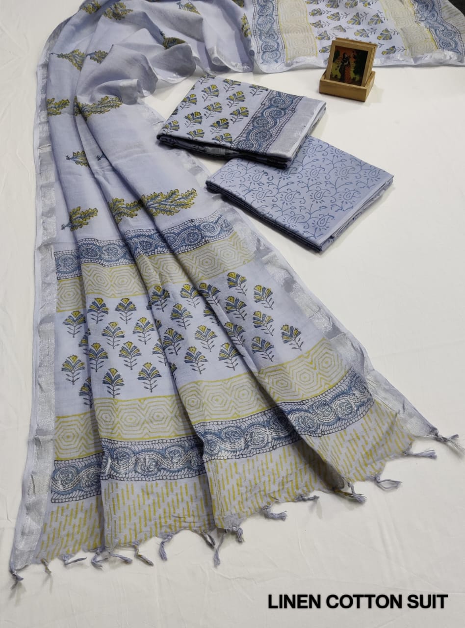 Hand Block Printed Linen Unstitched Suit .