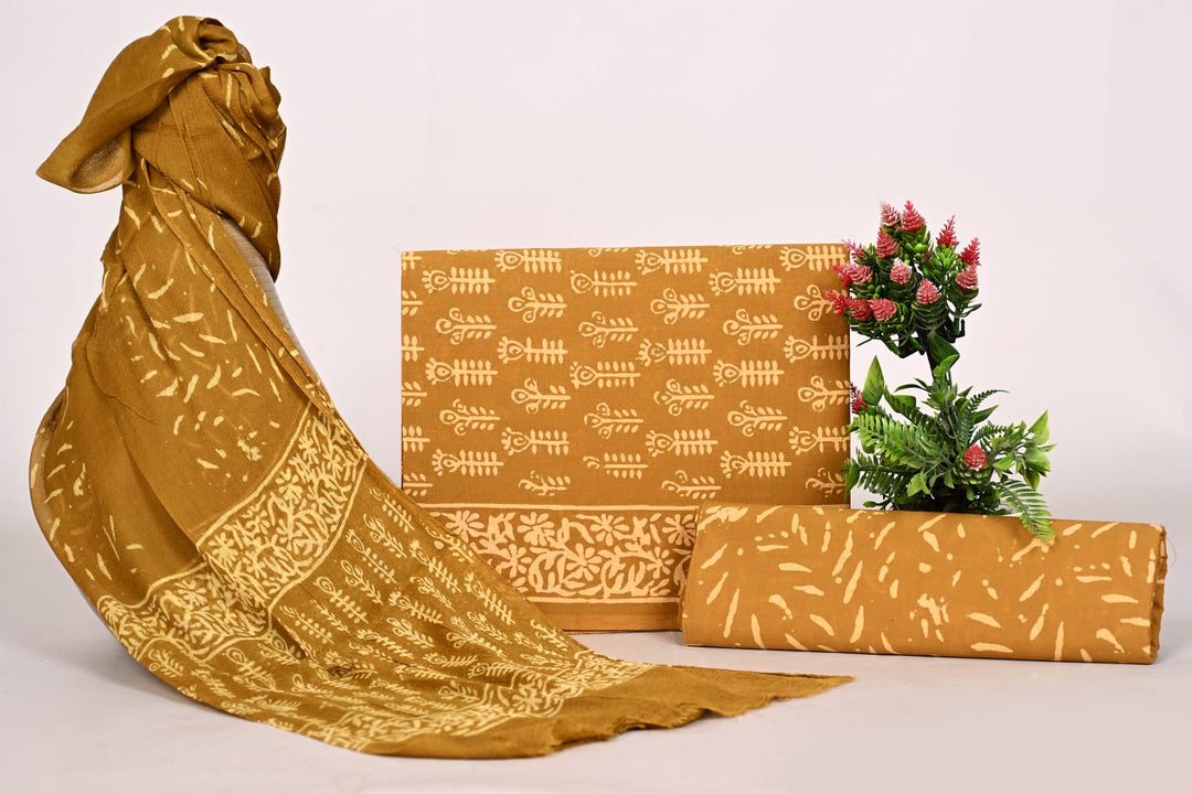 Pure Cotton Hand Block Print Unstitched Suit With Chiffon Dupatta