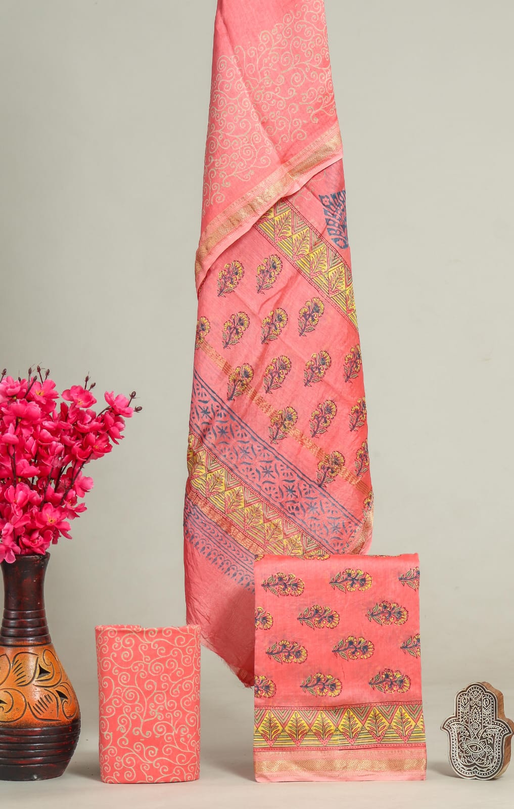 Pure Maheshwari Silk Hand block print Unstitched Suit.