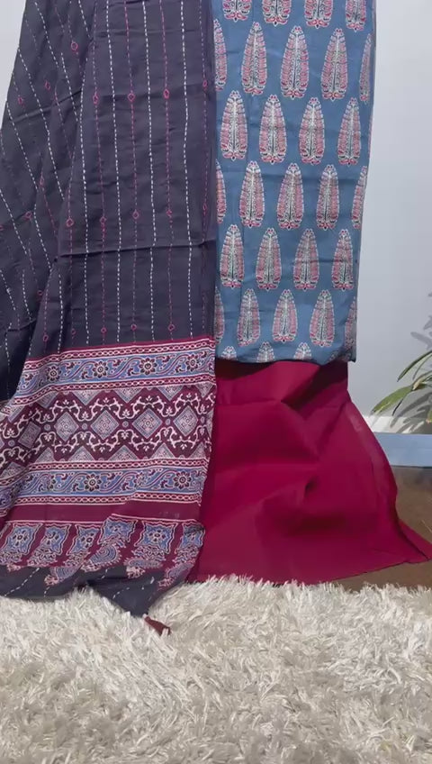 Pure Cotton Azrakh Print Unstitched suit With katha work Dupatta