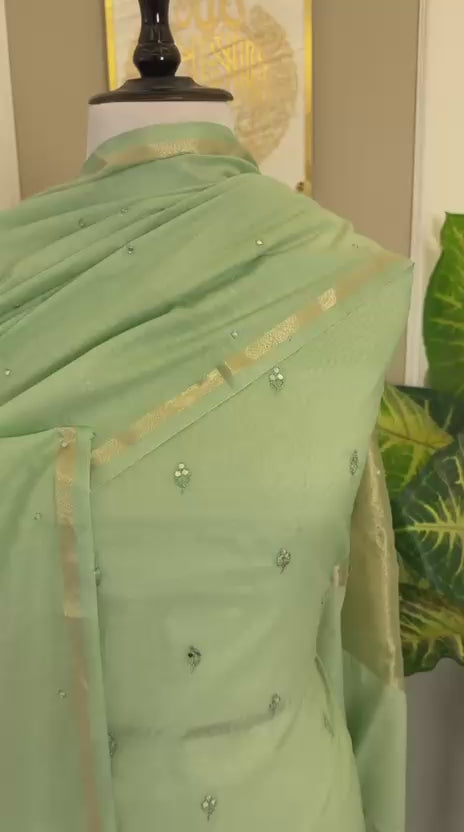 Banarasi Mul Chanderi Embroidery Work Unstitched Suit With  Mirror Embroidery Dupatta