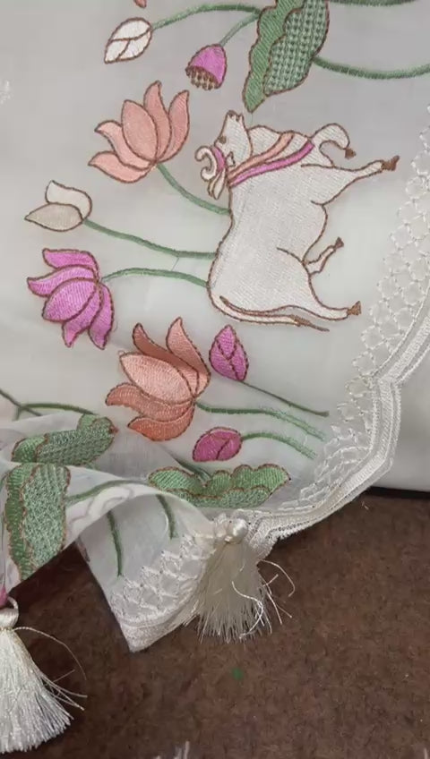 Pure Banarasi Mul Cotton Unstitched Suit With Embroidery Work