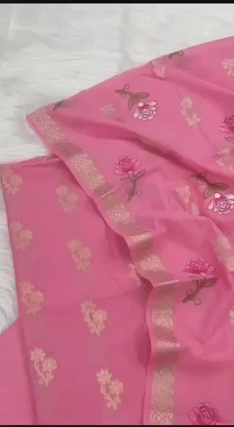 Banarasi Chanderi Silk Zari Weaved Unstitched Suit With Chanderi Silk Embroidery Work Dupatta.