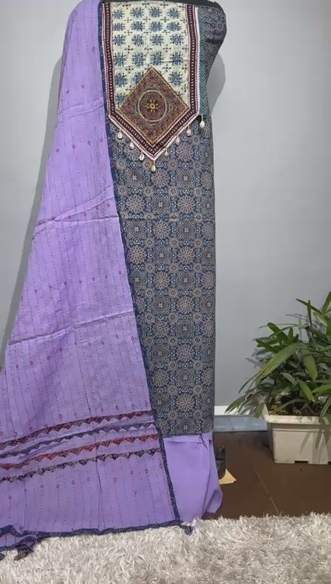 Pure Cotton Azrakh Print Unstitched suit With Dupatta.