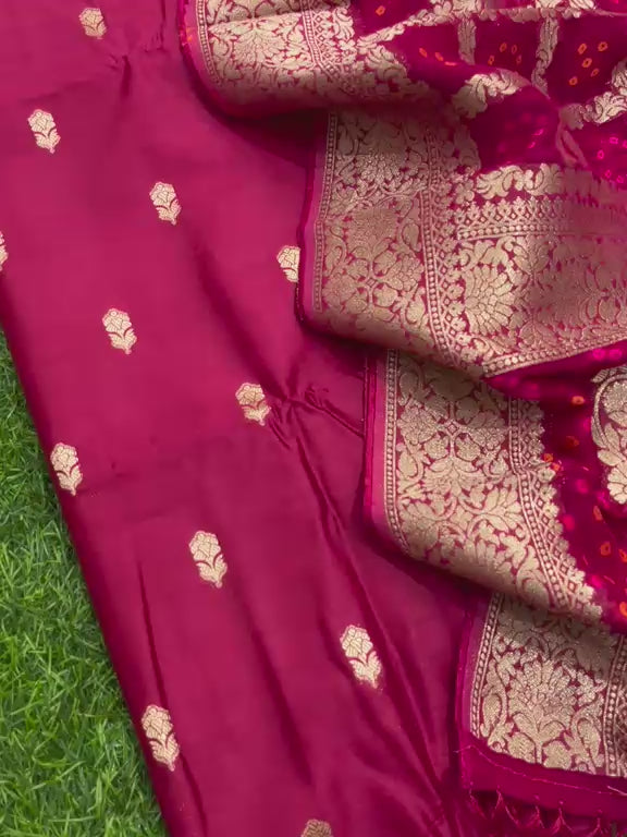 Pure Banarasi Chanderi Silk Buti Work Unstitched Suit With Banarasi Georgette Bandhani Heavy Dupatta.