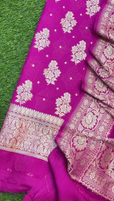 Pure Banarasi Handloom Chiniya Silk All Over Buti Work With Chiniya Silk Full Jaal Work Dupatta.