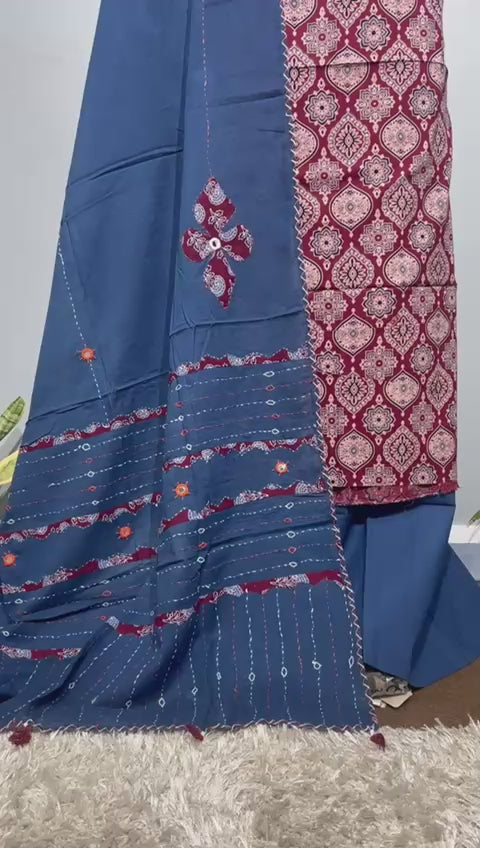 Pure Cotton Azrakh Print Unstitched suit With katha work Dupatta