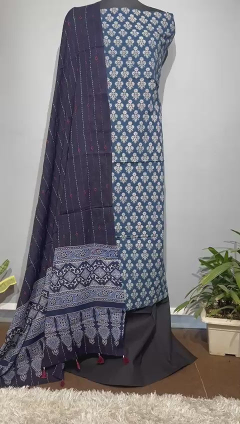 Pure Cotton Azrakh Print Unstitched suit With katha work Dupatta