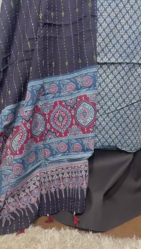 Pure Cotton Azrakh Print Unstitched suit With katha work Dupatta