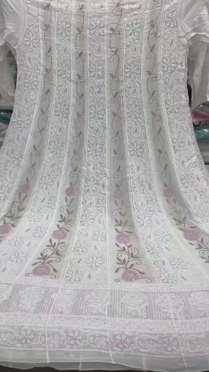 Pure Viscose Georgette ChikankarI And Multi Cutdana Work Anrkali Unstitched Suit.